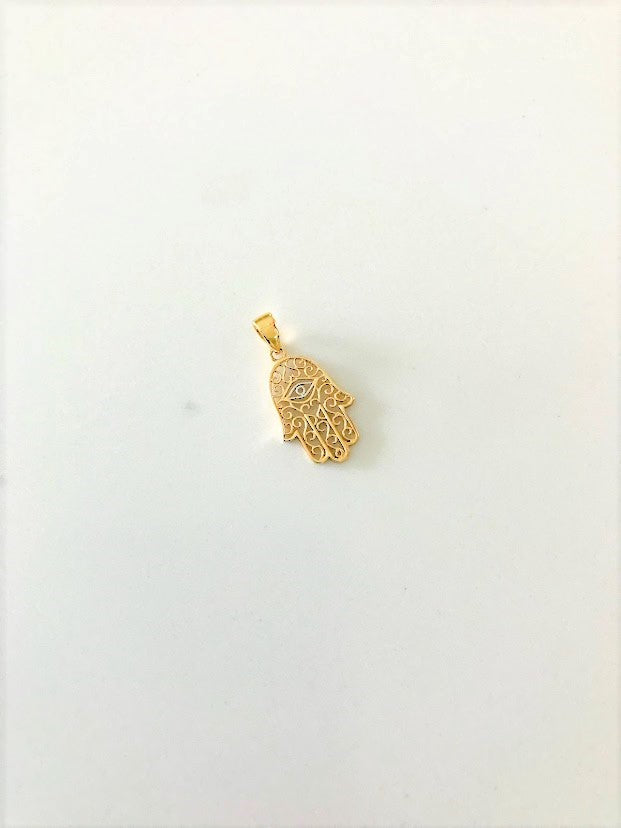 14K Solid Gold Hamsa with Evil Eye | 16MM x 11MM Two Tone Hamsa | Evil Eye Hamsa | Two TONE 14K Solid Gold Pendant