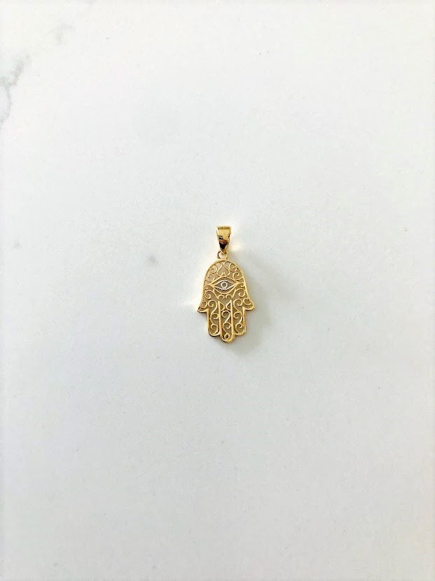 14K Solid Gold Hamsa with Evil Eye | 16MM x 11MM Two Tone Hamsa | Evil Eye Hamsa | Two TONE 14K Solid Gold Pendant
