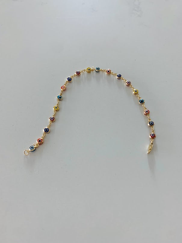 14K Gold Multicolor Evil Eye Bracelet , Blue, Red, Orange and Yellow Evil Eye, 3mm Eye Diameter, 7" Length, Lobster Clasp, Dainty Bracelet