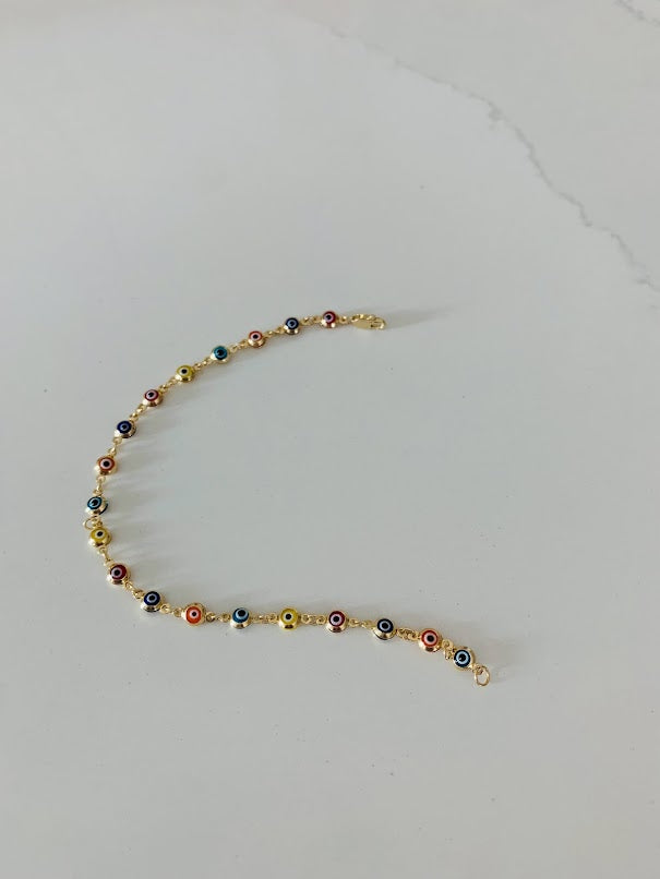 14K Gold Multicolor Evil Eye Bracelet , Blue, Red, Orange and Yellow Evil Eye, 3mm Eye Diameter, 7" Length, Lobster Clasp, Dainty Bracelet