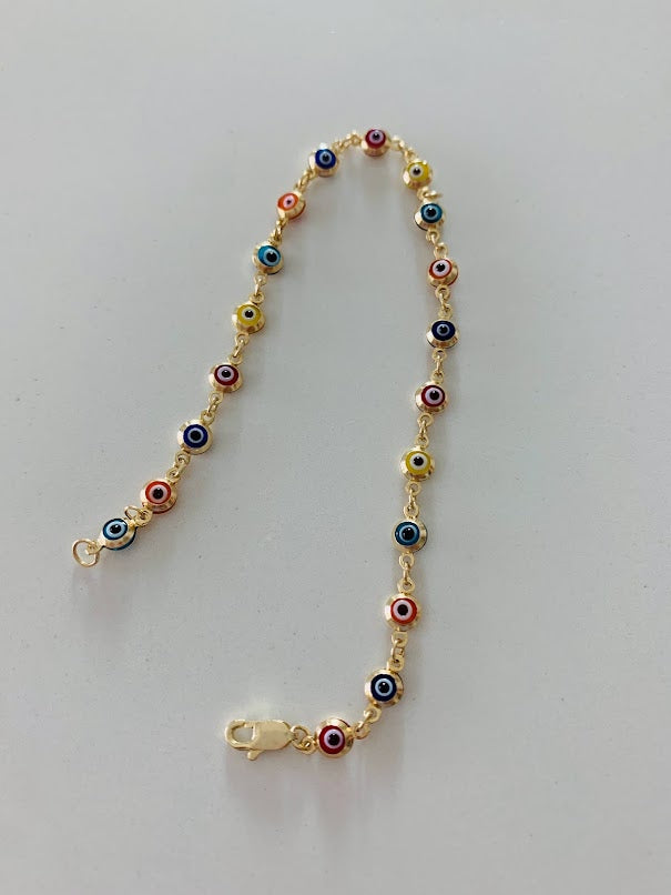 14K Gold Multicolor Evil Eye Bracelet , Blue, Red, Orange and Yellow Evil Eye, 3mm Eye Diameter, 7" Length, Lobster Clasp, Dainty Bracelet