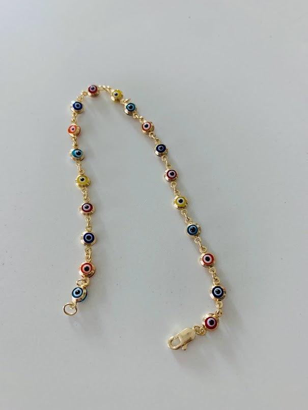 14K Gold Multicolor Evil Eye Bracelet , Blue, Red, Orange and Yellow Evil Eye, 3mm Eye Diameter, 7" Length, Lobster Clasp, Dainty Bracelet