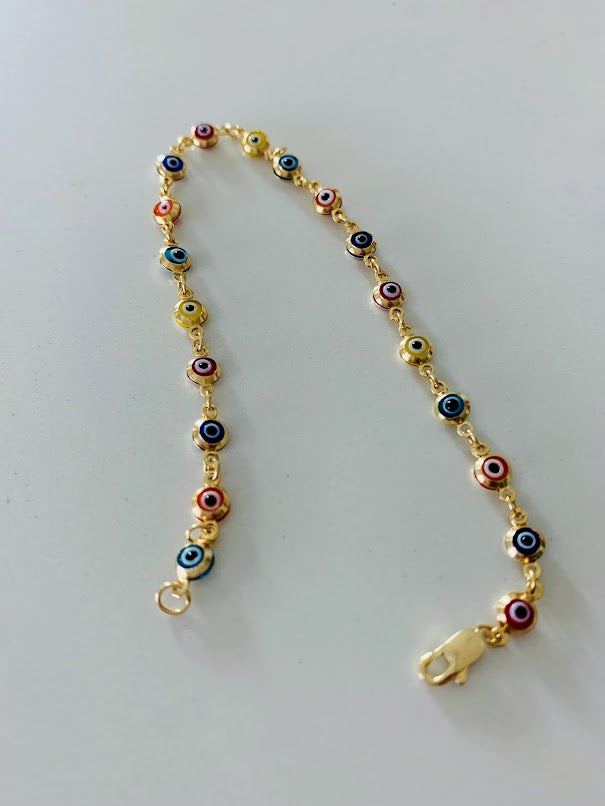 14K Gold Multicolor Evil Eye Bracelet , Blue, Red, Orange and Yellow Evil Eye, 3mm Eye Diameter, 7" Length, Lobster Clasp, Dainty Bracelet