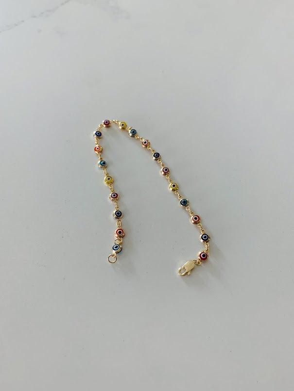 14K Gold Multicolor Evil Eye Bracelet , Blue, Red, Orange and Yellow Evil Eye, 3mm Eye Diameter, 7" Length, Lobster Clasp, Dainty Bracelet