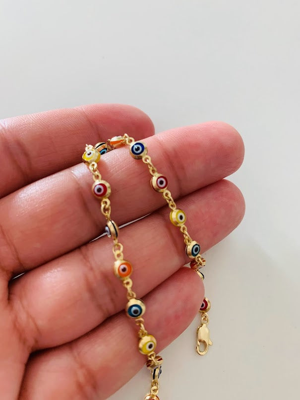 14K Gold Multicolor Evil Eye Bracelet , Blue, Red, Orange and Yellow Evil Eye, 3mm Eye Diameter, 7" Length, Lobster Clasp, Dainty Bracelet