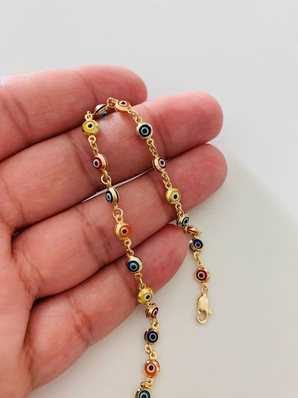 14K Gold Multicolor Evil Eye Bracelet , Blue, Red, Orange and Yellow Evil Eye, 3mm Eye Diameter, 7" Length, Lobster Clasp, Dainty Bracelet