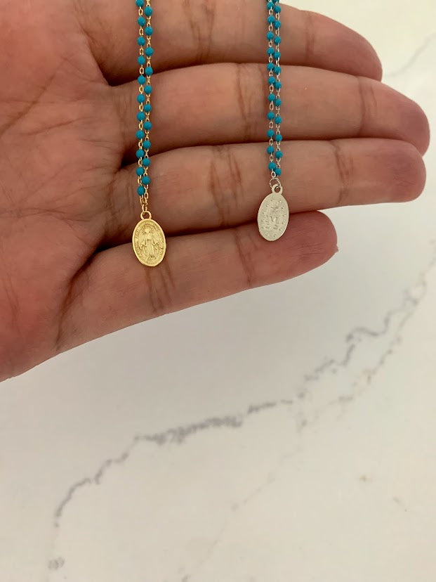 Our Lady of Miracles on a Blue Beaded Sterling Silver Chain