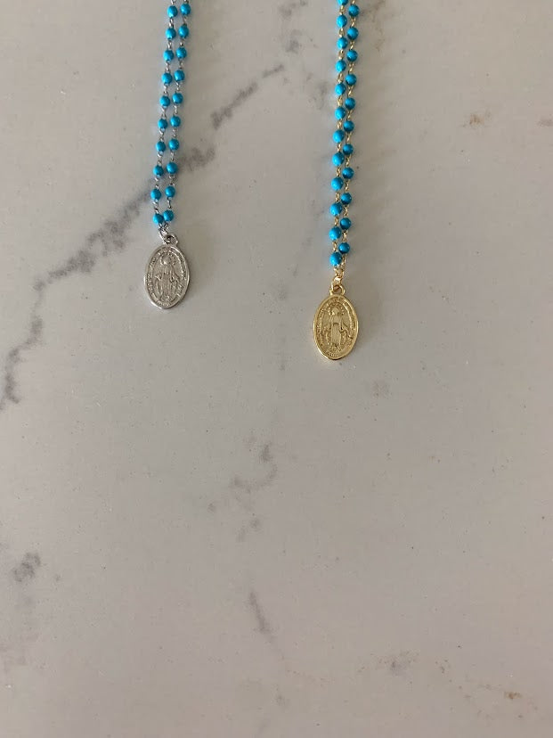 Our Lady of Miracles on a Blue Beaded Sterling Silver Chain