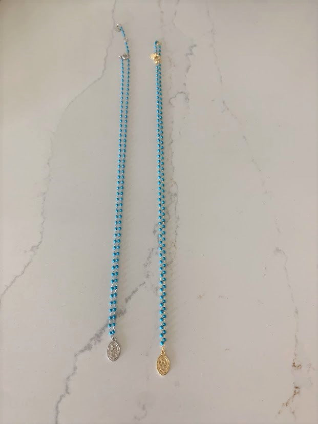Our Lady of Miracles on a Blue Beaded Sterling Silver Chain