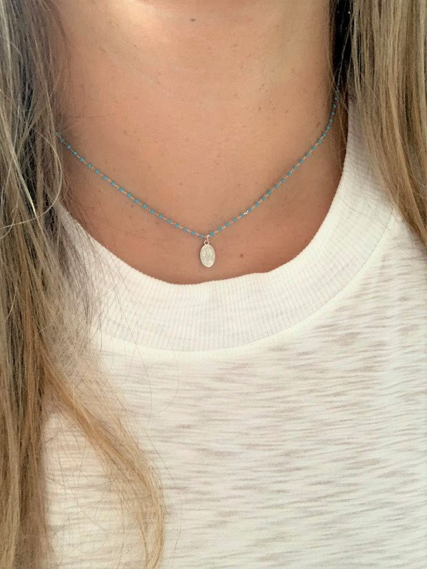 Our Lady of Miracles on a Blue Beaded Sterling Silver Chain
