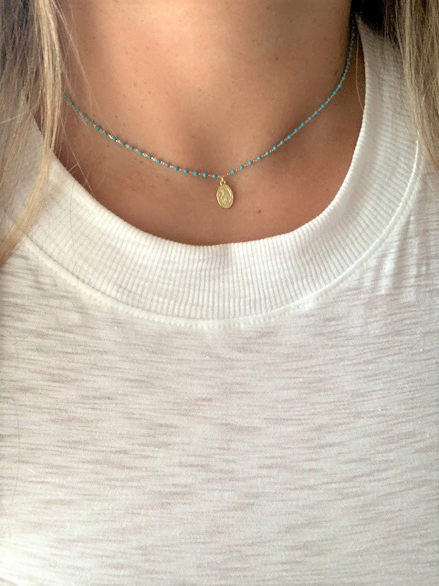Our Lady of Miracles on a Blue Beaded Sterling Silver Chain