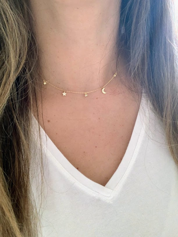 Moon and Star Necklace, Sterling Silver, Dainty Necklace, Layering Necklace, Minimalist Jewelry, Star Necklace, Crescent Moon,