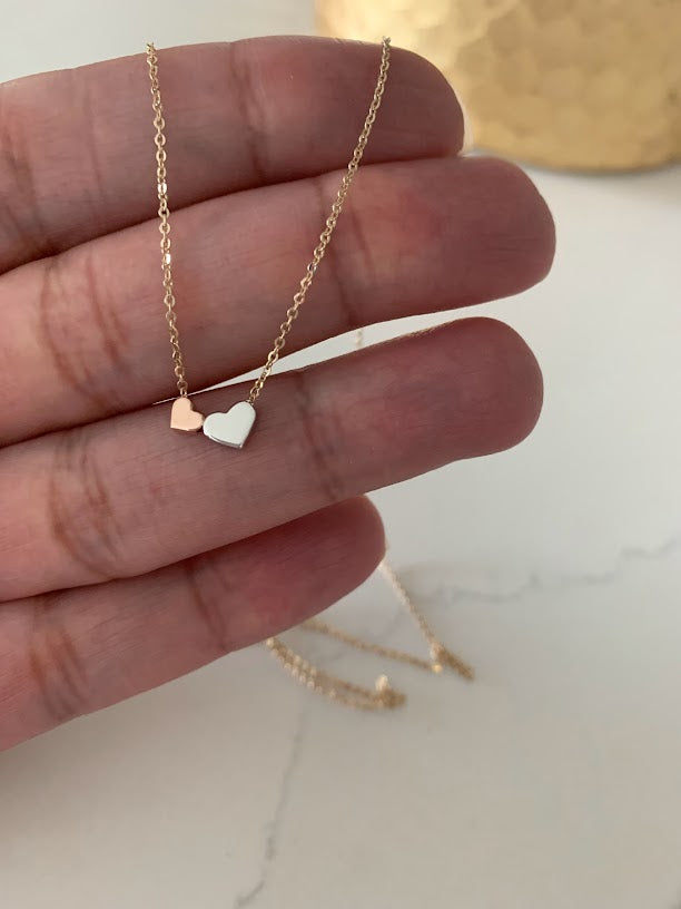 14K Gold Double Hearts Necklace | Solid Gold Necklace | Tri-Color Dainty Gold Necklace | Solid Gold Mother Daughter Hearts Necklace | 17"+1"