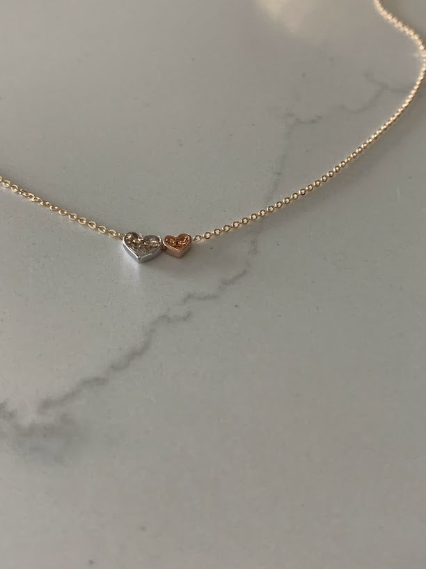 14K Gold Double Hearts Necklace | Solid Gold Necklace | Tri-Color Dainty Gold Necklace | Solid Gold Mother Daughter Hearts Necklace | 17"+1"