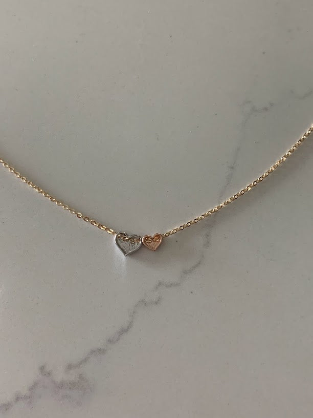 14K Gold Double Hearts Necklace | Solid Gold Necklace | Tri-Color Dainty Gold Necklace | Solid Gold Mother Daughter Hearts Necklace | 17"+1"