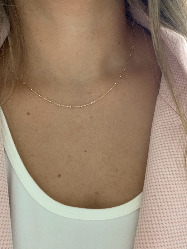 14k Solid Gold Tiny Beads Necklace, Dainty Necklace, Satellite Layering Necklace, 16"/18" Necklace