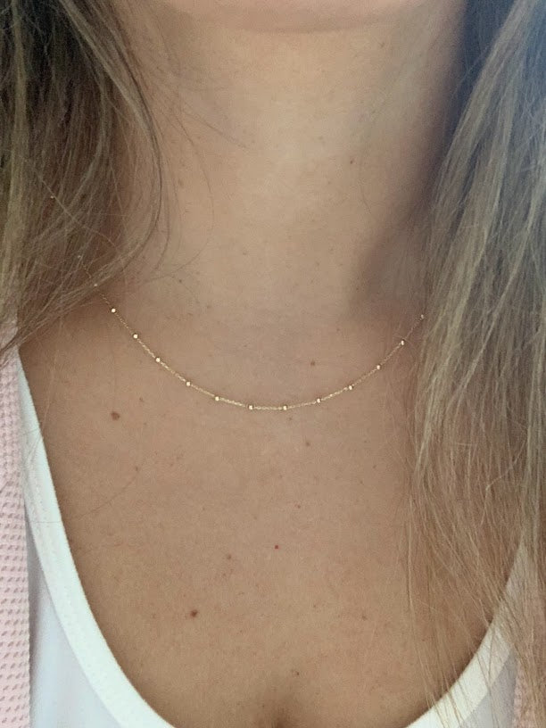 14k Solid Gold Tiny Beads Necklace, Dainty Necklace, Satellite Layering Necklace, 16"/18" Necklace