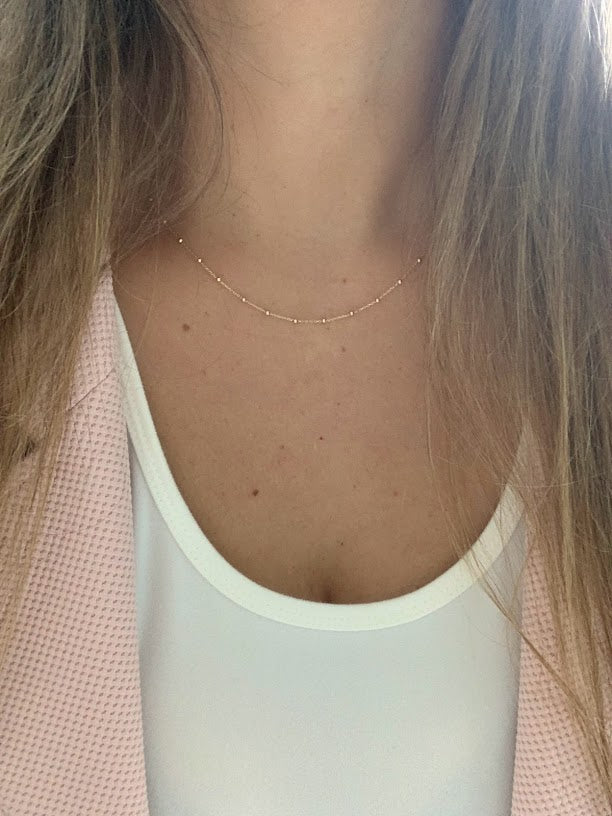 14k Solid Gold Tiny Beads Necklace, Dainty Necklace, Satellite Layering Necklace, 16"/18" Necklace