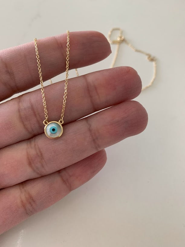 14K Mother of Pearl Evil Eye Necklace | 7MM Evil Eye Minimalist Necklace | | Guardian Eye
