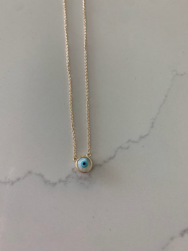 14K Mother of Pearl Evil Eye Necklace | 7MM Evil Eye Minimalist Necklace | | Guardian Eye