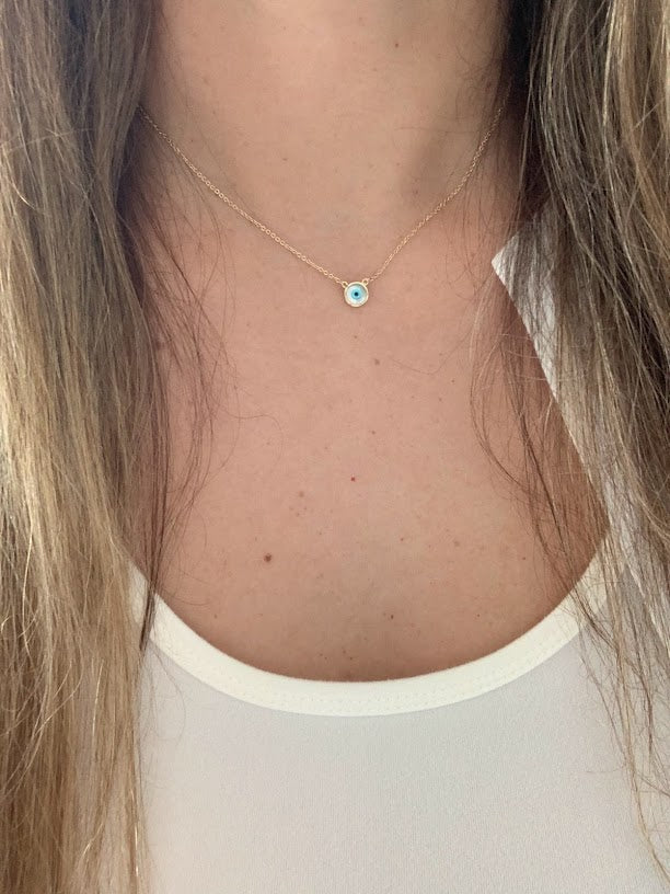 14K Mother of Pearl Evil Eye Necklace | 7MM Evil Eye Minimalist Necklace | | Guardian Eye