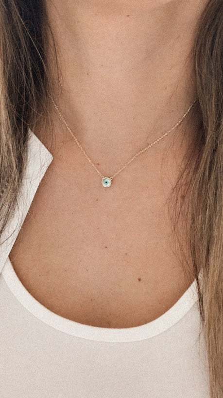 14K Mother of Pearl Evil Eye Necklace | 7MM Evil Eye Minimalist Necklace | | Guardian Eye