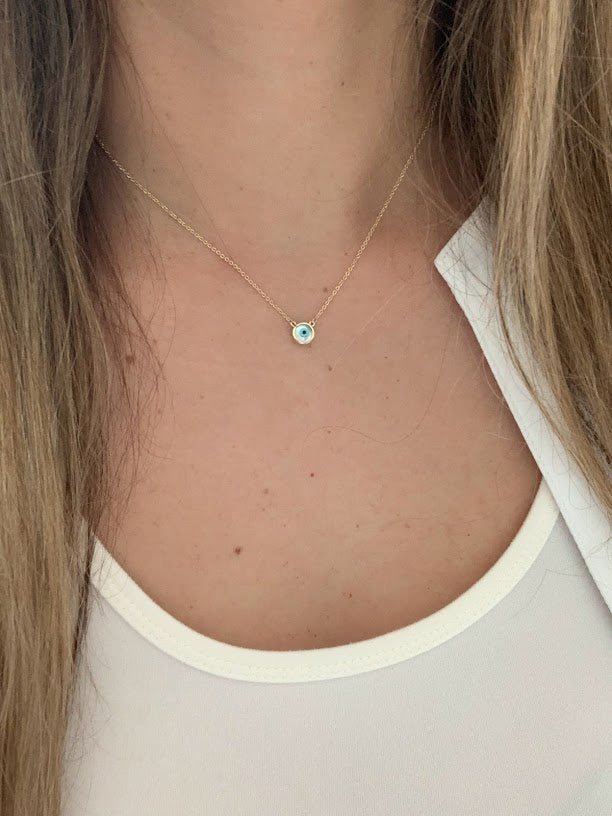 14K Mother of Pearl Evil Eye Necklace | 7MM Evil Eye Minimalist Necklace | | Guardian Eye