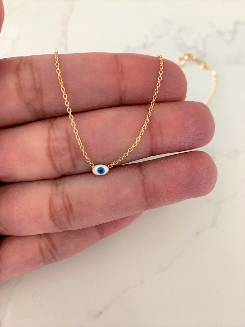 1MM 14K Gold Evil Eye Rolo Chain | 14K Gold Evil Eye Necklace | Layering Gold Chain | SOLID GOLD