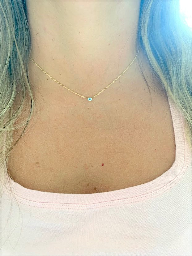 1MM 14K Gold Evil Eye Rolo Chain | 14K Gold Evil Eye Necklace | Layering Gold Chain | SOLID GOLD