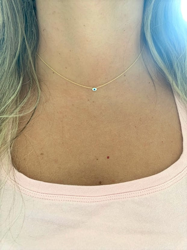 1MM 14K Gold Evil Eye Rolo Chain | 14K Gold Evil Eye Necklace | Layering Gold Chain | SOLID GOLD