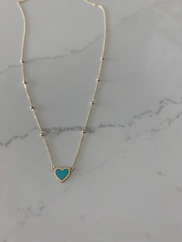 Turquoise Small Heart 14K Gold Satellite Necklace | Enamel | 8MM Heart Gold Chain | Dainty Necklace | | Minimalist Jewelry | SOLID GOLD