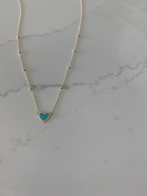 Turquoise Small Heart 14K Gold Satellite Necklace | Enamel | 8MM Heart Gold Chain | Dainty Necklace | | Minimalist Jewelry | SOLID GOLD