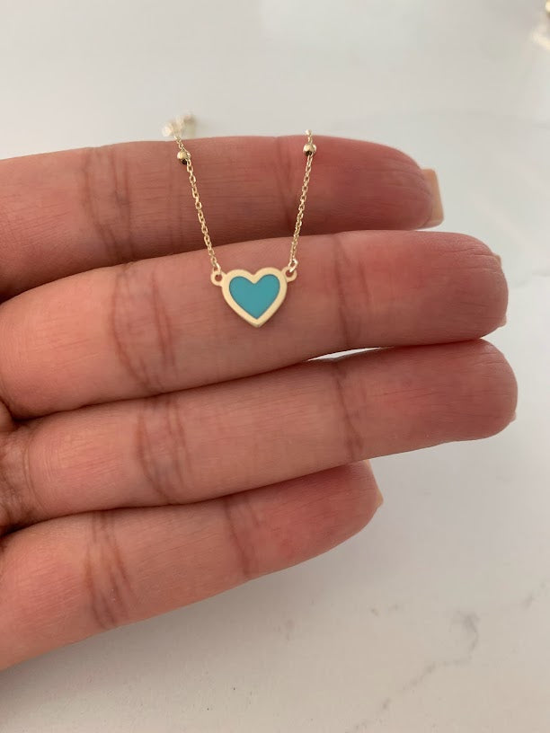 Turquoise Small Heart 14K Gold Satellite Necklace | Enamel | 8MM Heart Gold Chain | Dainty Necklace | | Minimalist Jewelry | SOLID GOLD