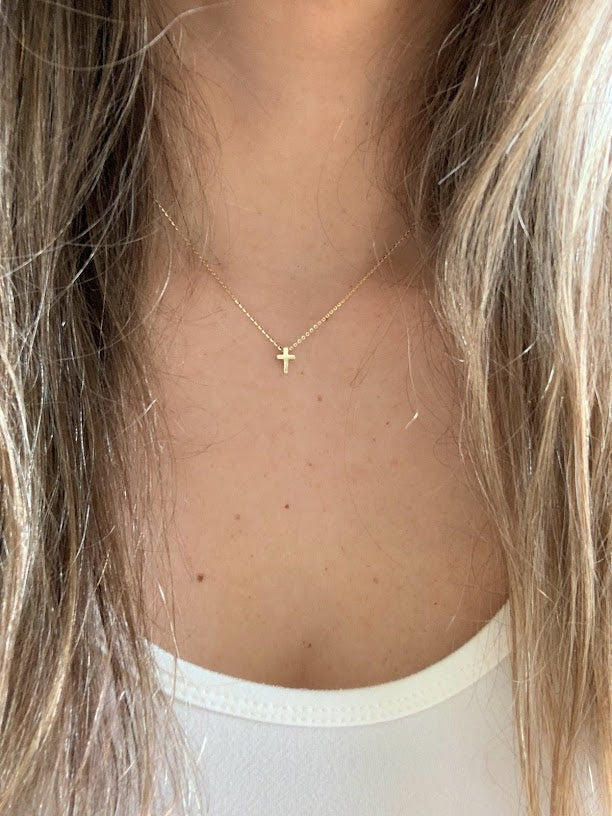 14K Gold Tiny Cross Necklace, Religious Jewelry Gift, Women's Christian Faith, Small Cross Pendant, Bold Cross Gift