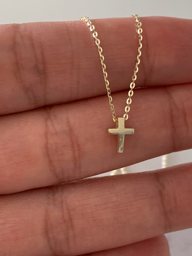 14K Gold Tiny Cross Necklace, Religious Jewelry Gift, Women's Christian Faith, Small Cross Pendant, Bold Cross Gift