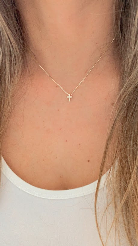 14K Gold Tiny Cross Necklace, Religious Jewelry Gift, Women's Christian Faith, Small Cross Pendant, Bold Cross Gift