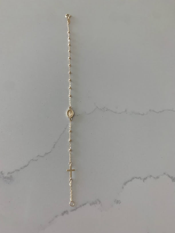 14K Yellow Gold Rosary Bracelet, Solid Gold Rosary Bracelet, Miraculous Virgin Mary Medal and Cross Bracelet, Religious Jewelry For Women