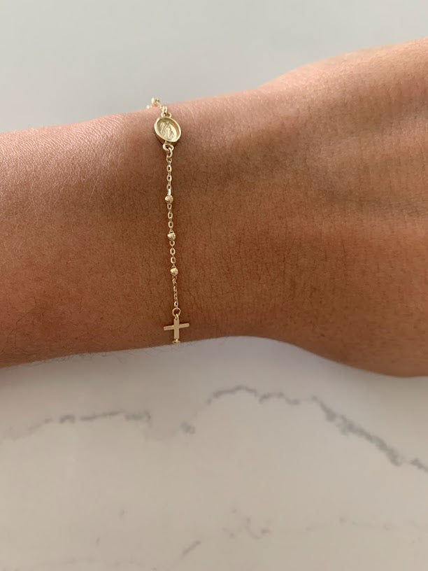 14K Yellow Gold Rosary Bracelet, Solid Gold Rosary Bracelet, Miraculous Virgin Mary Medal and Cross Bracelet, Religious Jewelry For Women