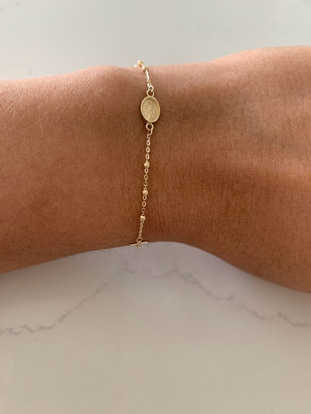 14K Yellow Gold Rosary Bracelet, Solid Gold Rosary Bracelet, Miraculous Virgin Mary Medal and Cross Bracelet, Religious Jewelry For Women