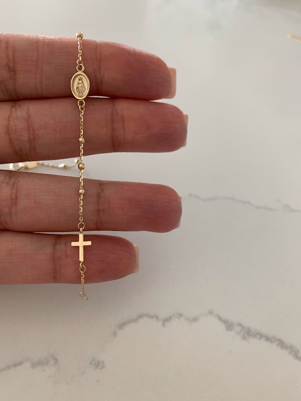 14K Yellow Gold Rosary Bracelet, Solid Gold Rosary Bracelet, Miraculous Virgin Mary Medal and Cross Bracelet, Religious Jewelry For Women