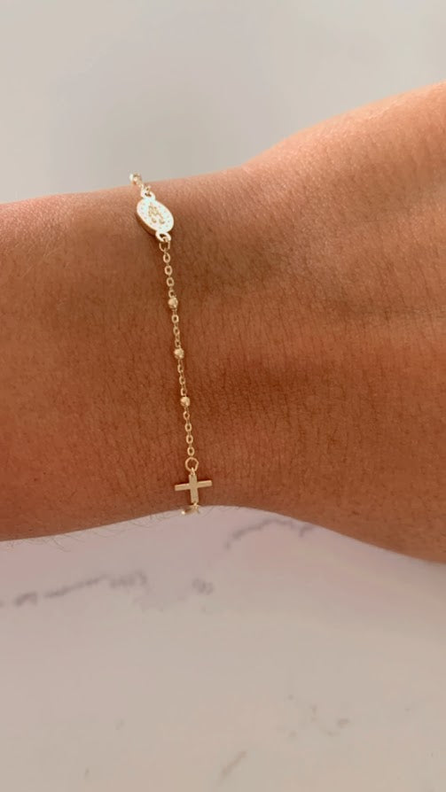 14K Yellow Gold Rosary Bracelet, Solid Gold Rosary Bracelet, Miraculous Virgin Mary Medal and Cross Bracelet, Religious Jewelry For Women