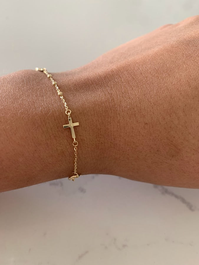 14K Yellow Gold Rosary Bracelet, Solid Gold Rosary Bracelet, Miraculous Virgin Mary Medal and Cross Bracelet, Religious Jewelry For Women