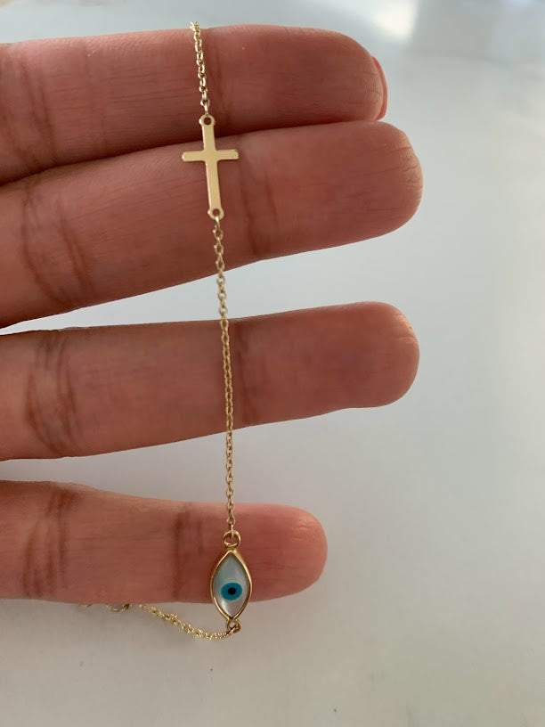 14K Gold Evil Eye Bracelet , Mother of Pearl Evil Eye, 6mm Eye Diameter, 7" Length, Spring Clasp, Dainty Chain Bracelet