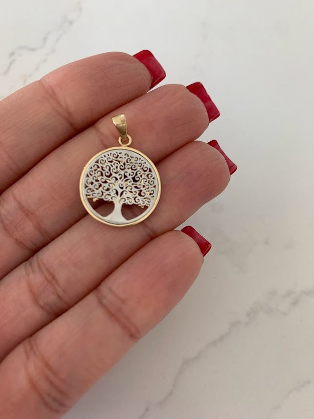 17MM 14K Solid Gold Family Tree | Yellow and White Gold Tree of Life | Tree Pendant | Two TONE 14K Solid Gold Pendant