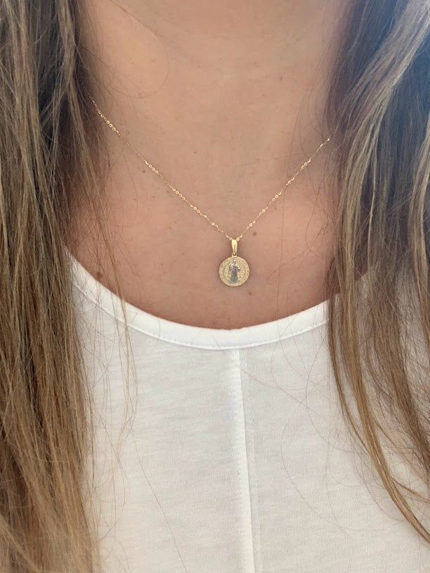 14K Gold Two Tone Saint Benedict Pendant on a Shiny Chain
