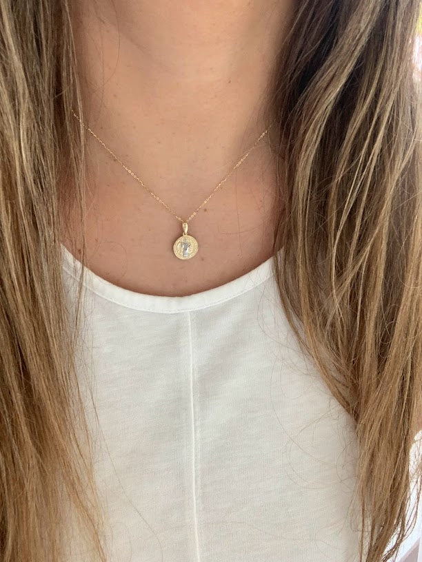 14K Gold Two Tone Saint Benedict Pendant on a Shiny Chain