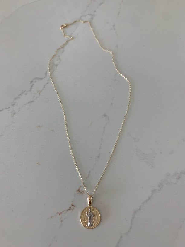 14K Gold Two Tone Saint Benedict Pendant on a Shiny Chain