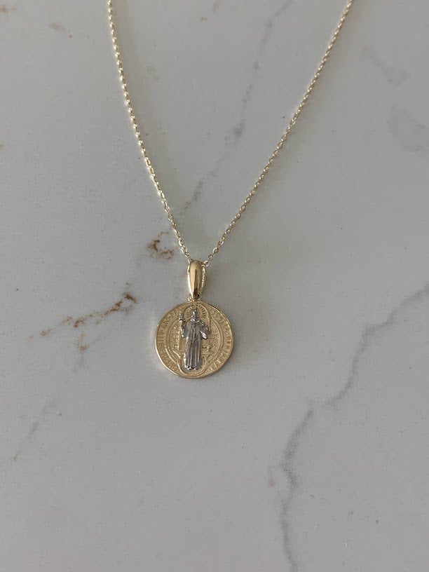 14K Gold Two Tone Saint Benedict Pendant on a Shiny Chain