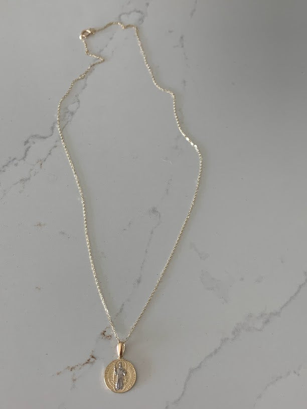 14K Gold Two Tone Saint Benedict Pendant on a Shiny Chain