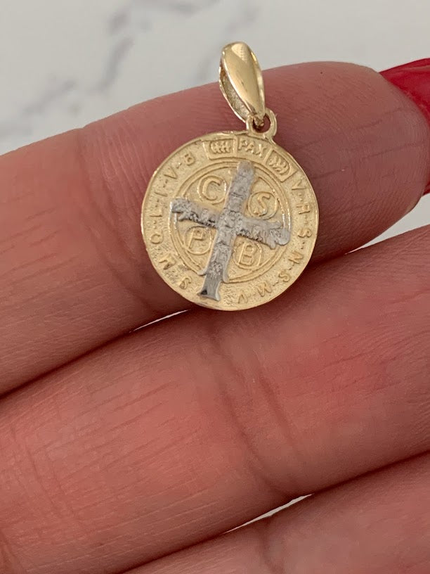 14K Gold Two Tone Saint Benedict Pendant on a Shiny Chain